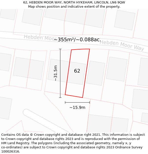 62, HEBDEN MOOR WAY, NORTH HYKEHAM, LINCOLN, LN6 9QW: Plot and title map