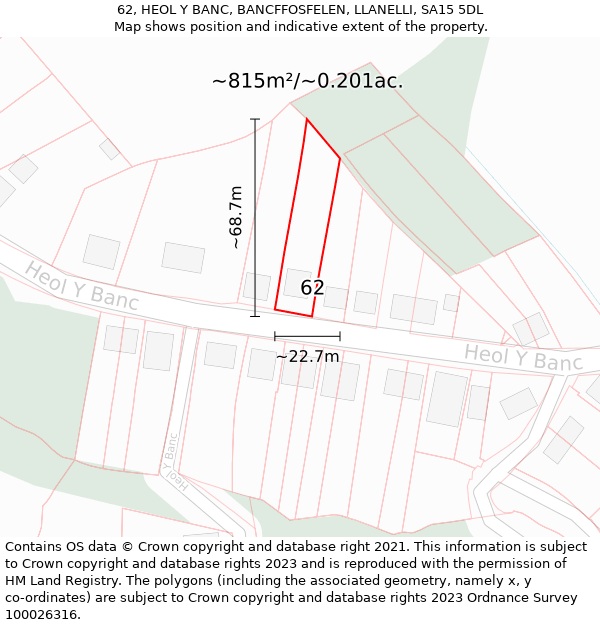 62, HEOL Y BANC, BANCFFOSFELEN, LLANELLI, SA15 5DL: Plot and title map