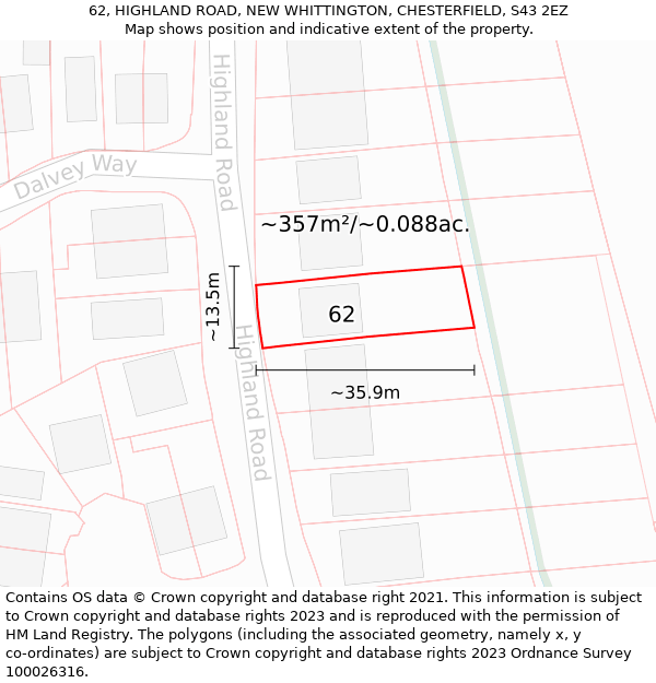 62, HIGHLAND ROAD, NEW WHITTINGTON, CHESTERFIELD, S43 2EZ: Plot and title map