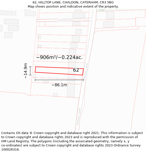 62, HILLTOP LANE, CHALDON, CATERHAM, CR3 5BG: Plot and title map