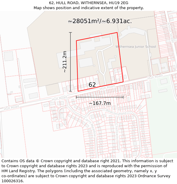 62, HULL ROAD, WITHERNSEA, HU19 2EG: Plot and title map