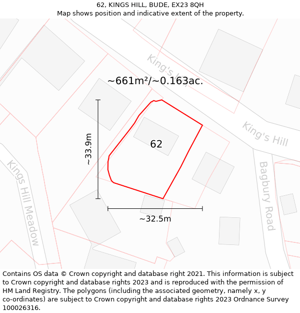 62, KINGS HILL, BUDE, EX23 8QH: Plot and title map