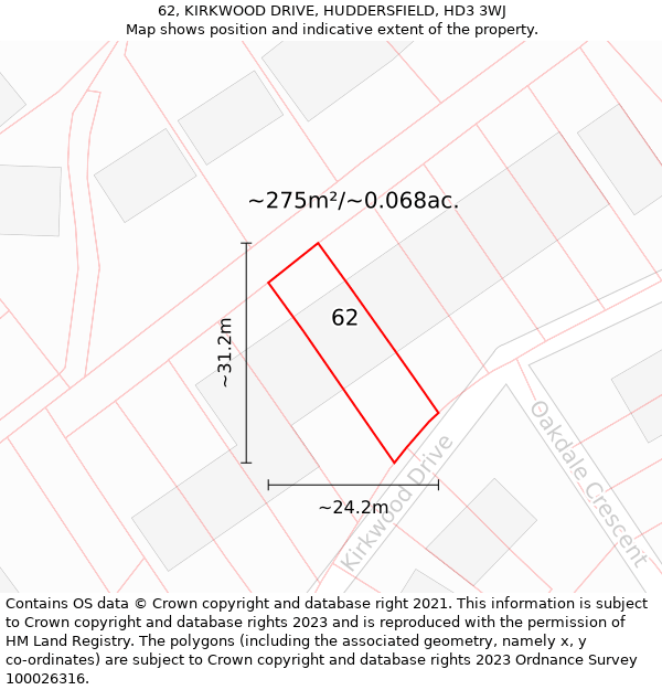 62, KIRKWOOD DRIVE, HUDDERSFIELD, HD3 3WJ: Plot and title map