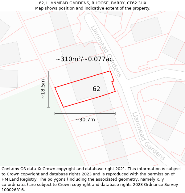 62, LLANMEAD GARDENS, RHOOSE, BARRY, CF62 3HX: Plot and title map