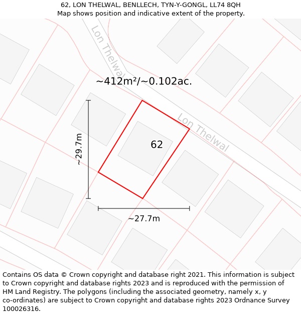 62, LON THELWAL, BENLLECH, TYN-Y-GONGL, LL74 8QH: Plot and title map