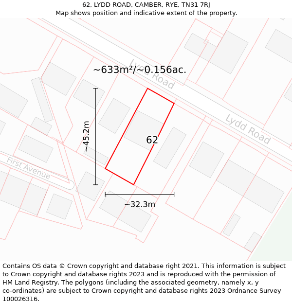 62, LYDD ROAD, CAMBER, RYE, TN31 7RJ: Plot and title map