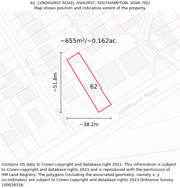 62, LYNDHURST ROAD, ASHURST, SOUTHAMPTON, SO40 7DU: Plot and title map