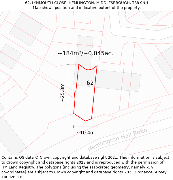 62, LYNMOUTH CLOSE, HEMLINGTON, MIDDLESBROUGH, TS8 9NH: Plot and title map