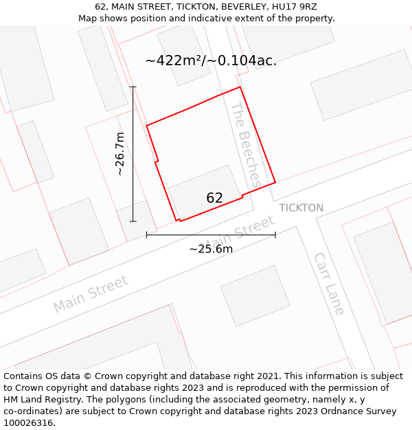 62, MAIN STREET, TICKTON, BEVERLEY, HU17 9RZ: Plot and title map