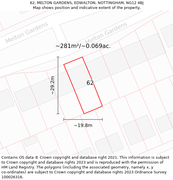 62, MELTON GARDENS, EDWALTON, NOTTINGHAM, NG12 4BJ: Plot and title map