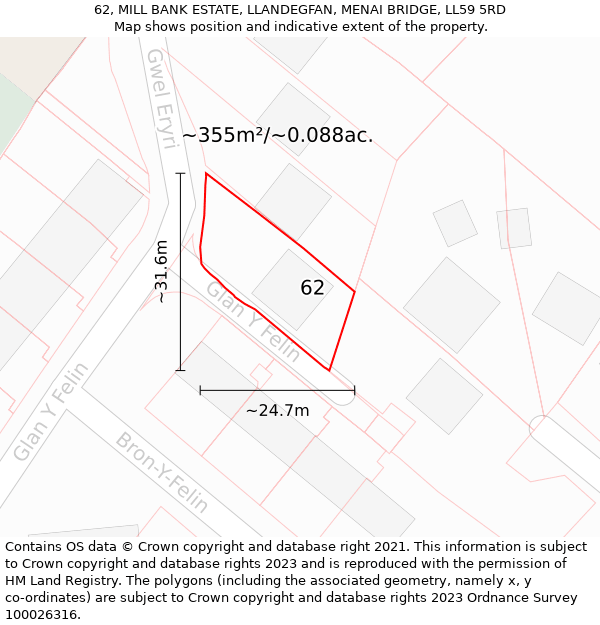 62, MILL BANK ESTATE, LLANDEGFAN, MENAI BRIDGE, LL59 5RD: Plot and title map