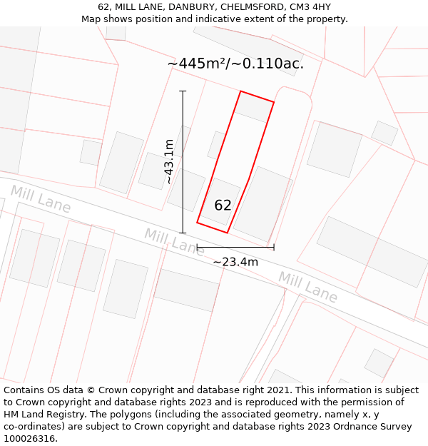 62, MILL LANE, DANBURY, CHELMSFORD, CM3 4HY: Plot and title map