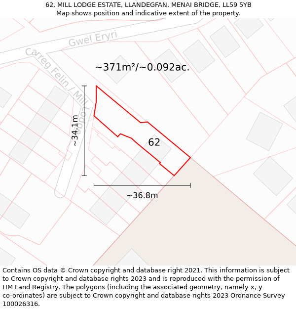 62, MILL LODGE ESTATE, LLANDEGFAN, MENAI BRIDGE, LL59 5YB: Plot and title map