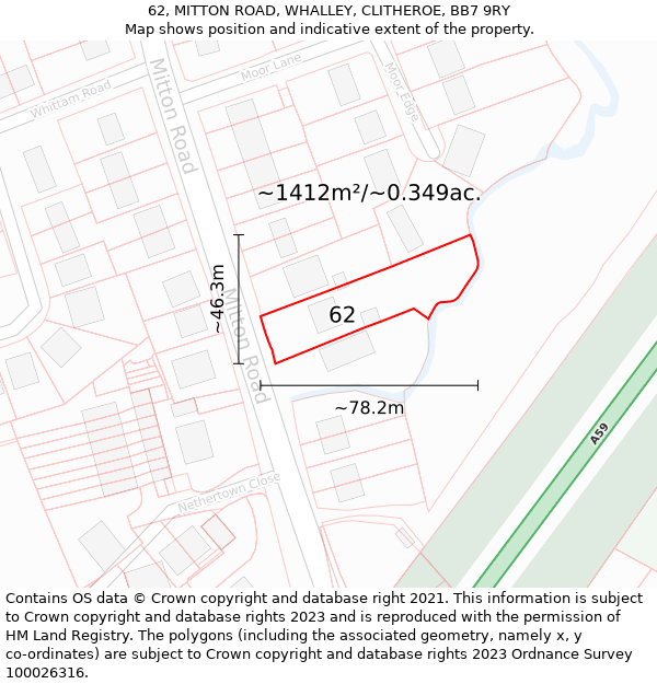 62, MITTON ROAD, WHALLEY, CLITHEROE, BB7 9RY: Plot and title map