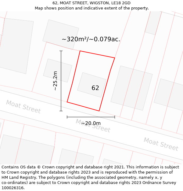 62, MOAT STREET, WIGSTON, LE18 2GD: Plot and title map