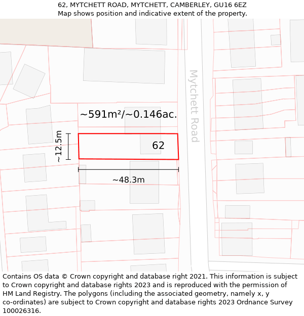 62, MYTCHETT ROAD, MYTCHETT, CAMBERLEY, GU16 6EZ: Plot and title map