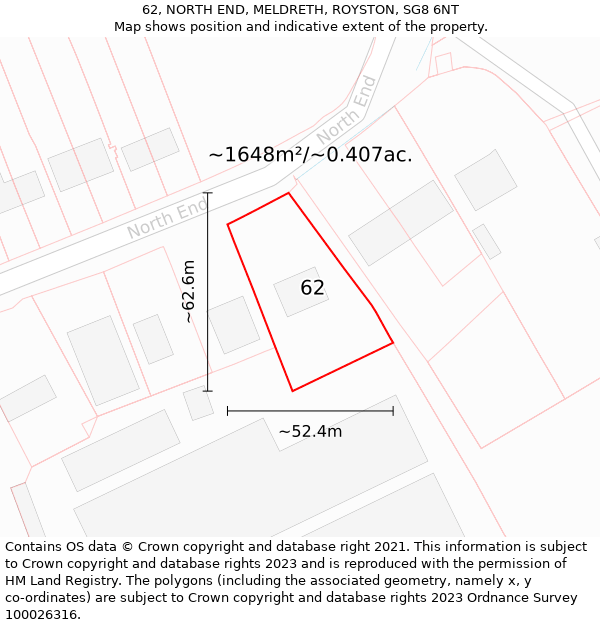 62, NORTH END, MELDRETH, ROYSTON, SG8 6NT: Plot and title map