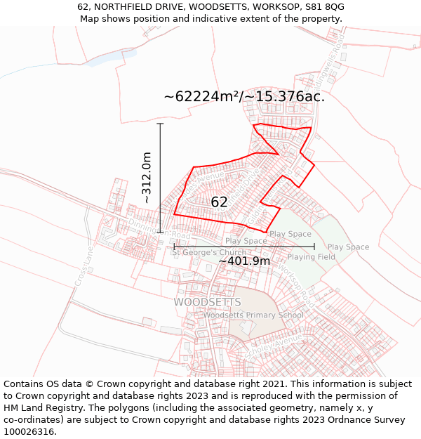 62, NORTHFIELD DRIVE, WOODSETTS, WORKSOP, S81 8QG: Plot and title map