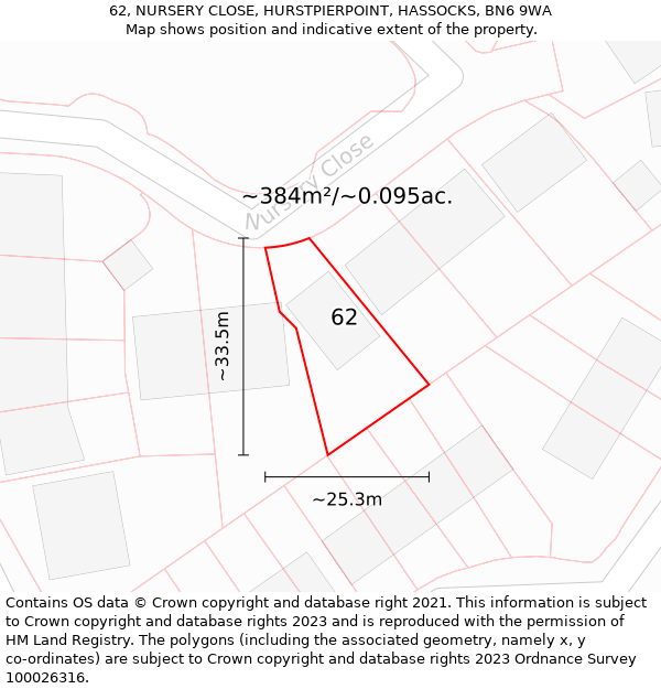 62, NURSERY CLOSE, HURSTPIERPOINT, HASSOCKS, BN6 9WA: Plot and title map