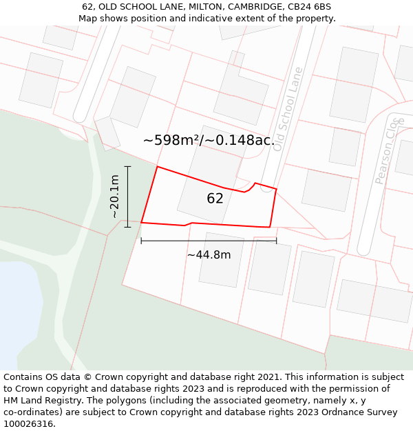 62, OLD SCHOOL LANE, MILTON, CAMBRIDGE, CB24 6BS: Plot and title map