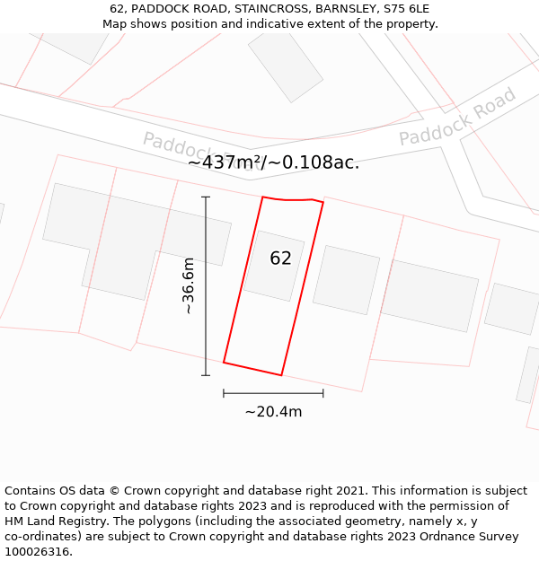 62, PADDOCK ROAD, STAINCROSS, BARNSLEY, S75 6LE: Plot and title map