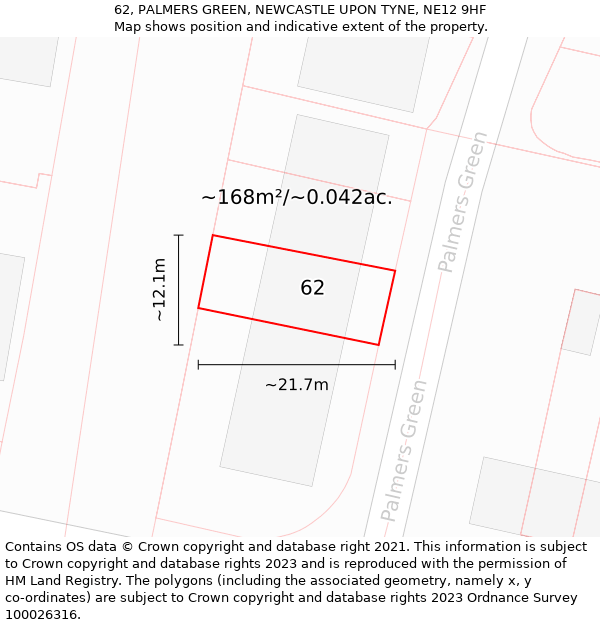 62, PALMERS GREEN, NEWCASTLE UPON TYNE, NE12 9HF: Plot and title map