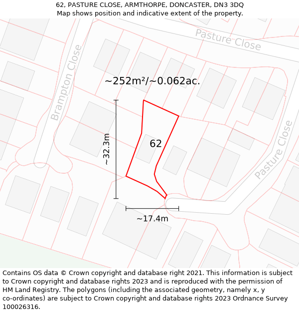 62, PASTURE CLOSE, ARMTHORPE, DONCASTER, DN3 3DQ: Plot and title map