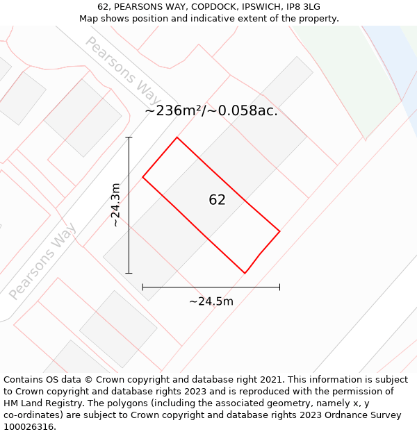 62, PEARSONS WAY, COPDOCK, IPSWICH, IP8 3LG: Plot and title map