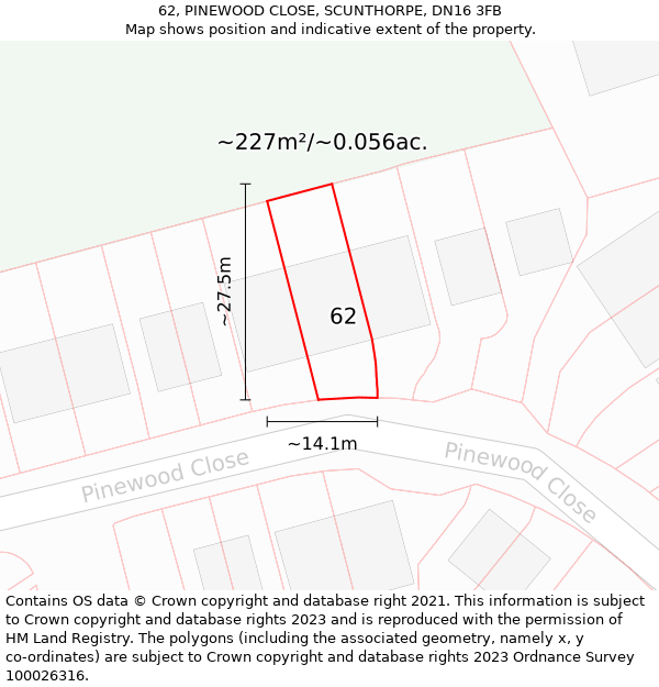 62, PINEWOOD CLOSE, SCUNTHORPE, DN16 3FB: Plot and title map