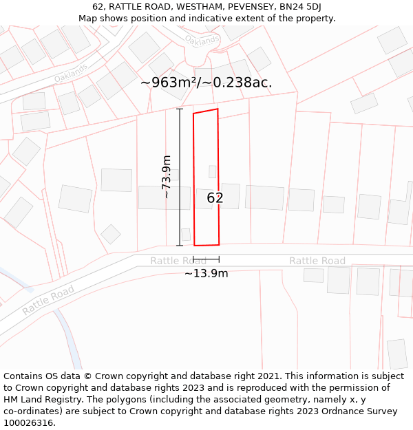 62, RATTLE ROAD, WESTHAM, PEVENSEY, BN24 5DJ: Plot and title map