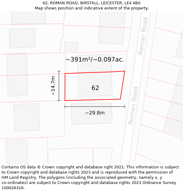 62, ROMAN ROAD, BIRSTALL, LEICESTER, LE4 4BA: Plot and title map