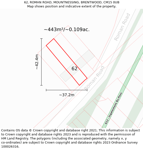 62, ROMAN ROAD, MOUNTNESSING, BRENTWOOD, CM15 0UB: Plot and title map