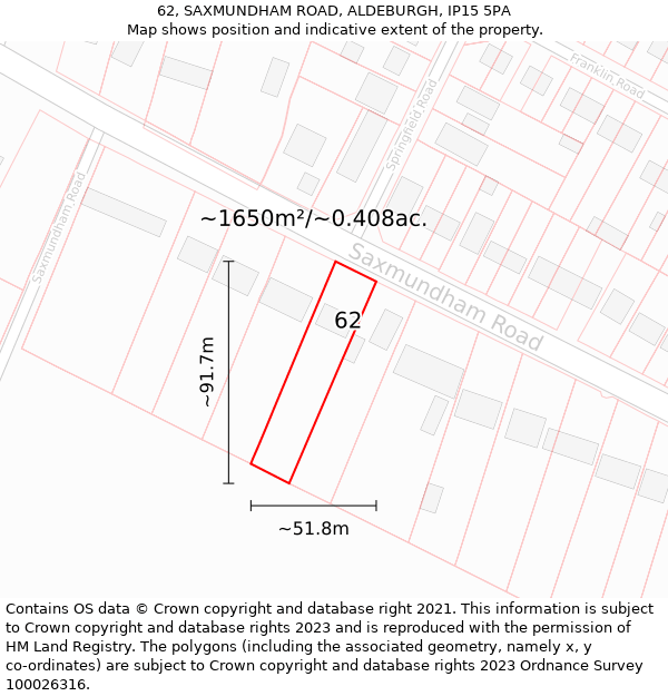 62, SAXMUNDHAM ROAD, ALDEBURGH, IP15 5PA: Plot and title map