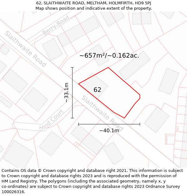 62, SLAITHWAITE ROAD, MELTHAM, HOLMFIRTH, HD9 5PJ: Plot and title map