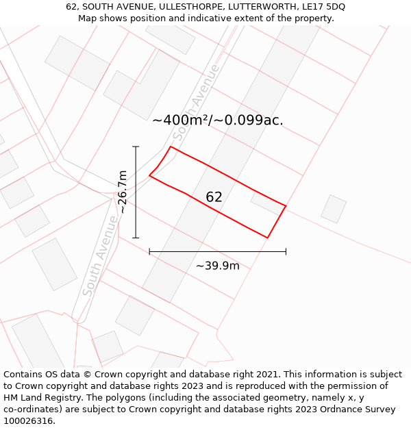 62, SOUTH AVENUE, ULLESTHORPE, LUTTERWORTH, LE17 5DQ: Plot and title map