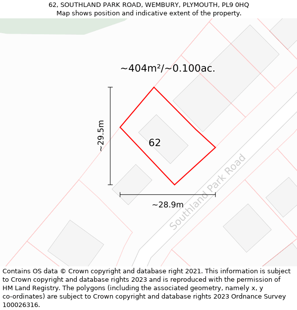 62, SOUTHLAND PARK ROAD, WEMBURY, PLYMOUTH, PL9 0HQ: Plot and title map