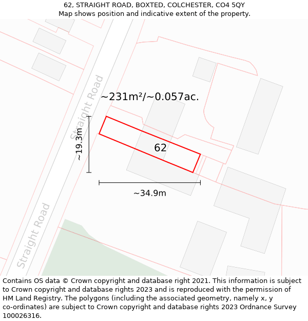 62, STRAIGHT ROAD, BOXTED, COLCHESTER, CO4 5QY: Plot and title map