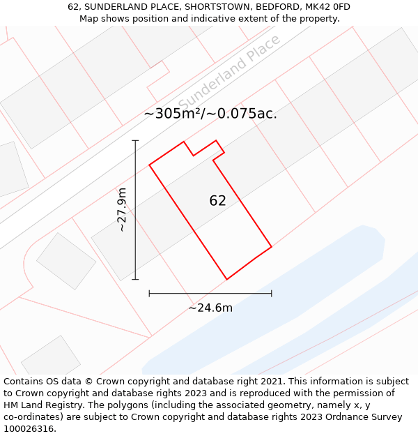 62, SUNDERLAND PLACE, SHORTSTOWN, BEDFORD, MK42 0FD: Plot and title map