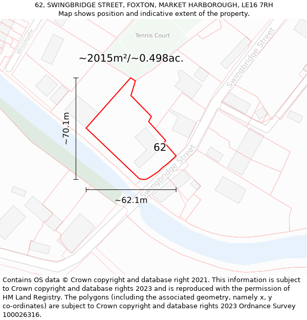 62, SWINGBRIDGE STREET, FOXTON, MARKET HARBOROUGH, LE16 7RH: Plot and title map