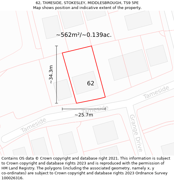 62, TAMESIDE, STOKESLEY, MIDDLESBROUGH, TS9 5PE: Plot and title map