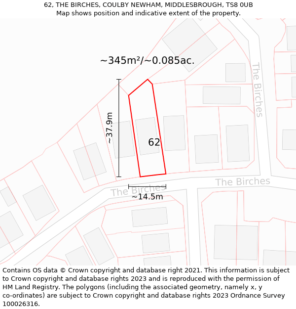 62, THE BIRCHES, COULBY NEWHAM, MIDDLESBROUGH, TS8 0UB: Plot and title map