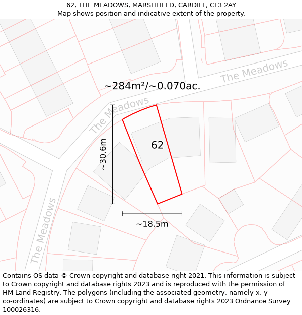 62, THE MEADOWS, MARSHFIELD, CARDIFF, CF3 2AY: Plot and title map