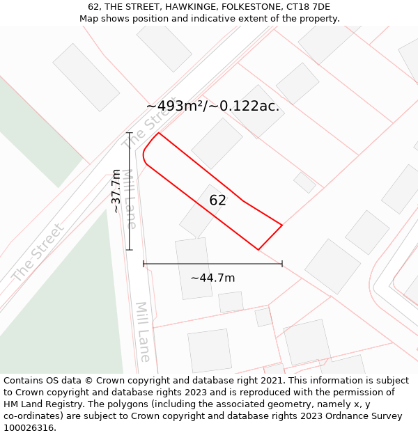 62, THE STREET, HAWKINGE, FOLKESTONE, CT18 7DE: Plot and title map