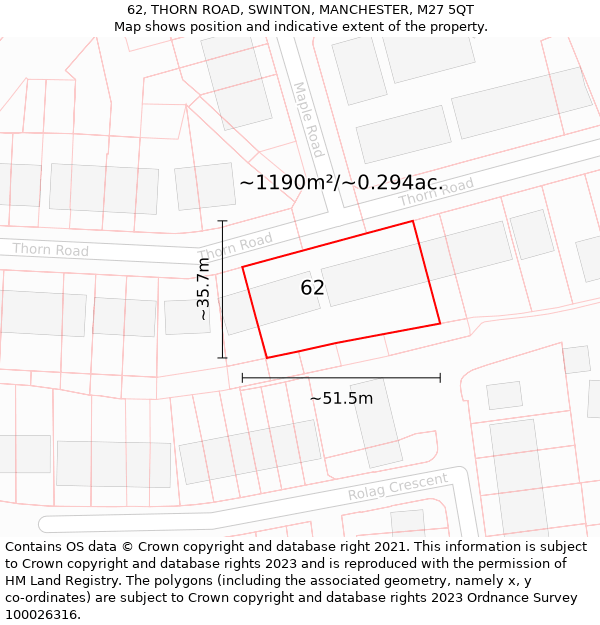 62, THORN ROAD, SWINTON, MANCHESTER, M27 5QT: Plot and title map