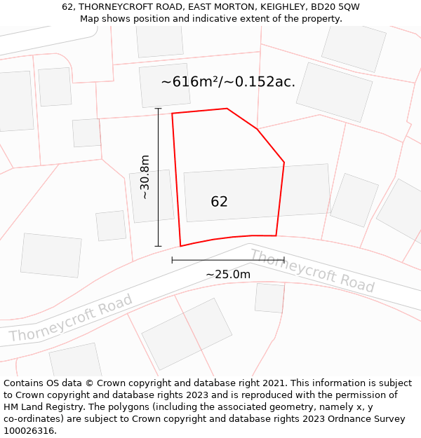 62, THORNEYCROFT ROAD, EAST MORTON, KEIGHLEY, BD20 5QW: Plot and title map