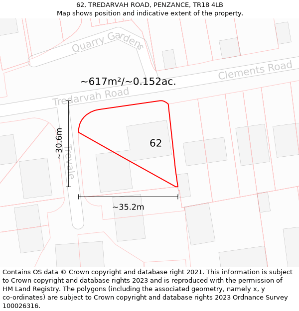 62, TREDARVAH ROAD, PENZANCE, TR18 4LB: Plot and title map