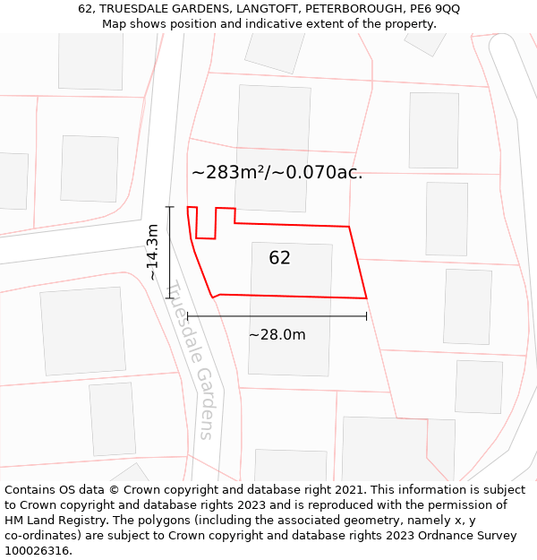 62, TRUESDALE GARDENS, LANGTOFT, PETERBOROUGH, PE6 9QQ: Plot and title map