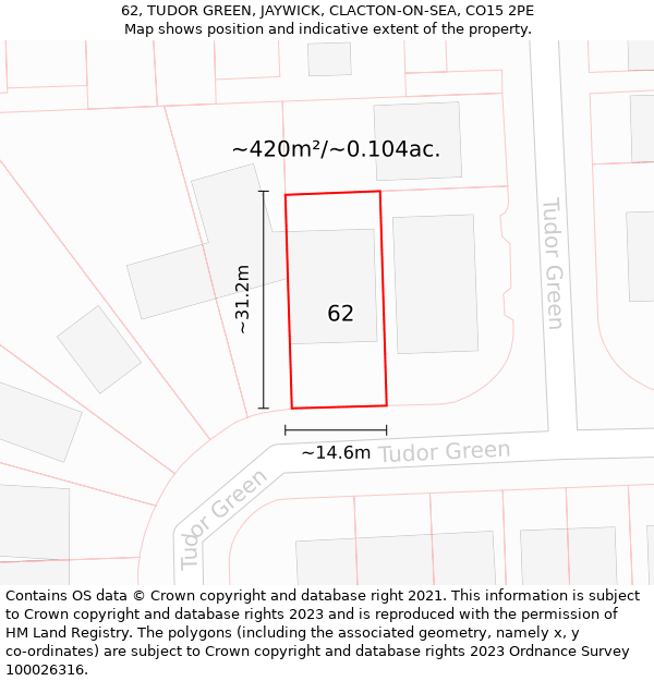 62, TUDOR GREEN, JAYWICK, CLACTON-ON-SEA, CO15 2PE: Plot and title map