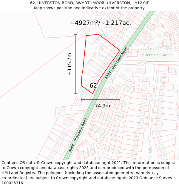 62, ULVERSTON ROAD, SWARTHMOOR, ULVERSTON, LA12 0JF: Plot and title map