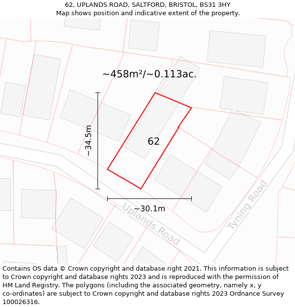 62, UPLANDS ROAD, SALTFORD, BRISTOL, BS31 3HY: Plot and title map